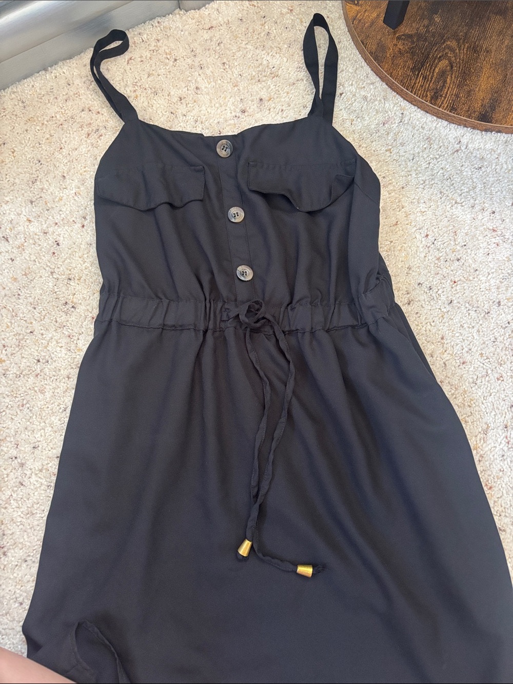 Women's Black Spaghetti-Strap Midi Dress with Drawstring Waist